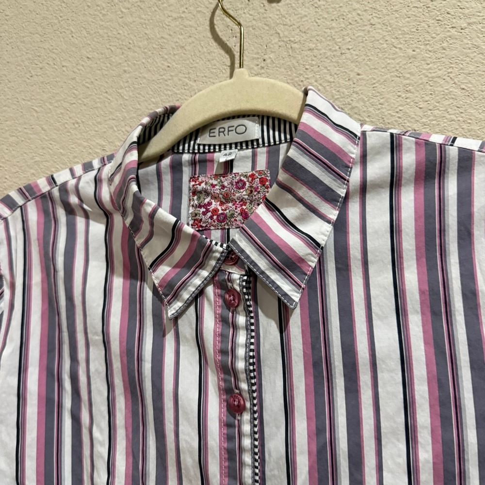 ERFO Button Down Shirt Womens 42 Pink Grey Striped Short Sleeve Excellent Blouse